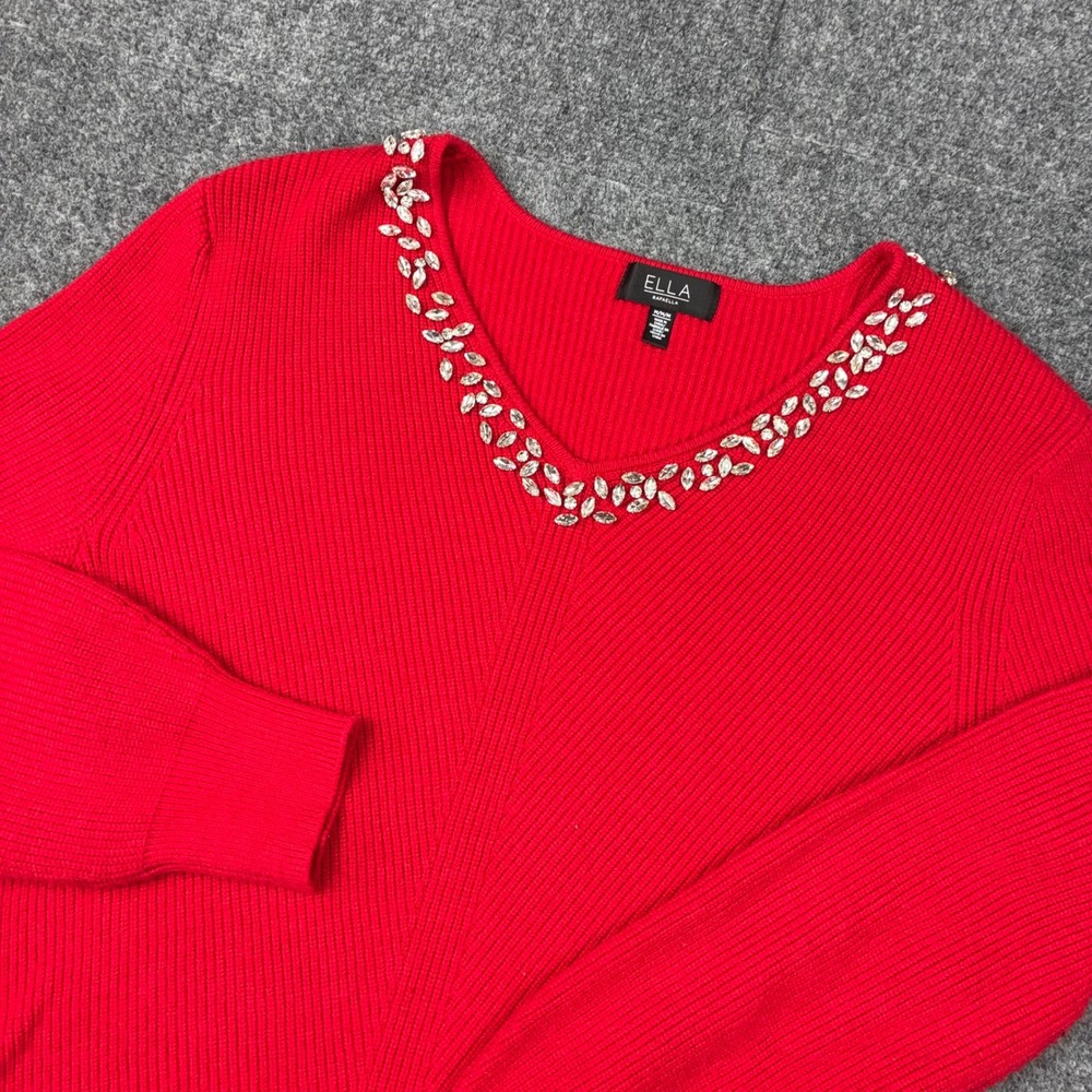 Ella Rafaella Red Ribbed Knit Rhinestone V-Neck Sweater Womens Size Medium